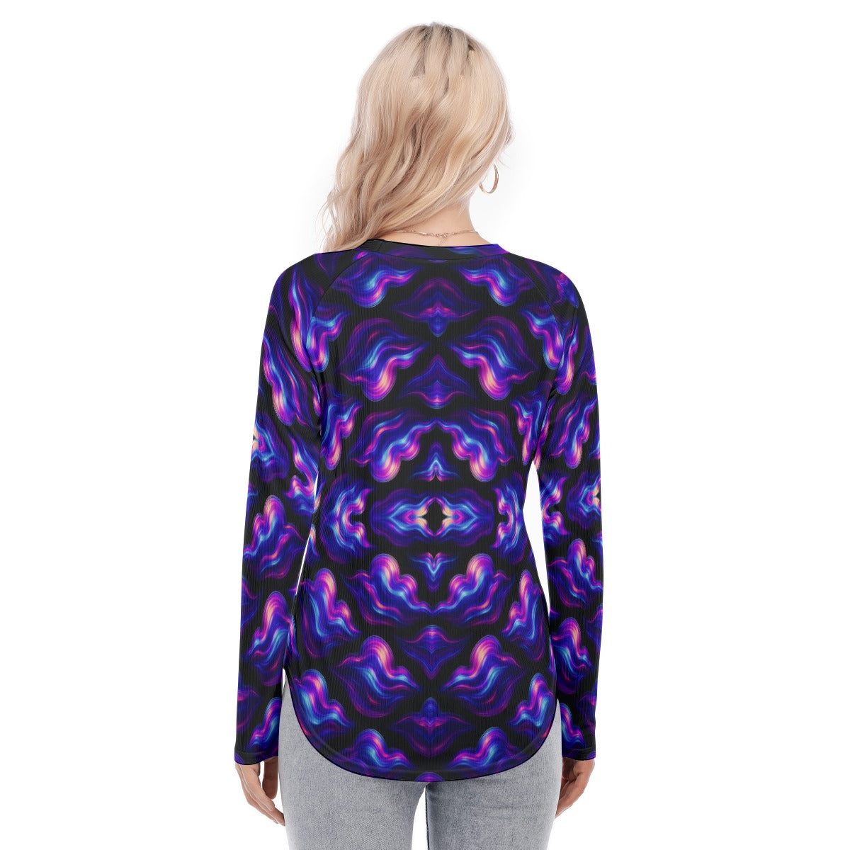 Women's Raglan Sleeves U-Shaped Hem Long Sleeves Blouse
