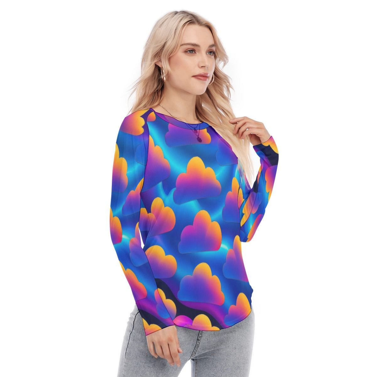 Women's Raglan Sleeves U-Shaped Hem Long Sleeves Blouse