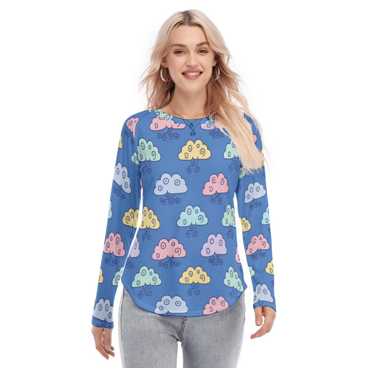 Women's Raglan Sleeves U-Shaped Hem Long Sleeves Blouse