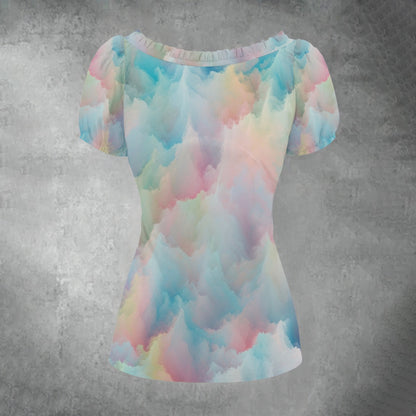 All-over print Women's Puff Sleeve Pleated Shirt
