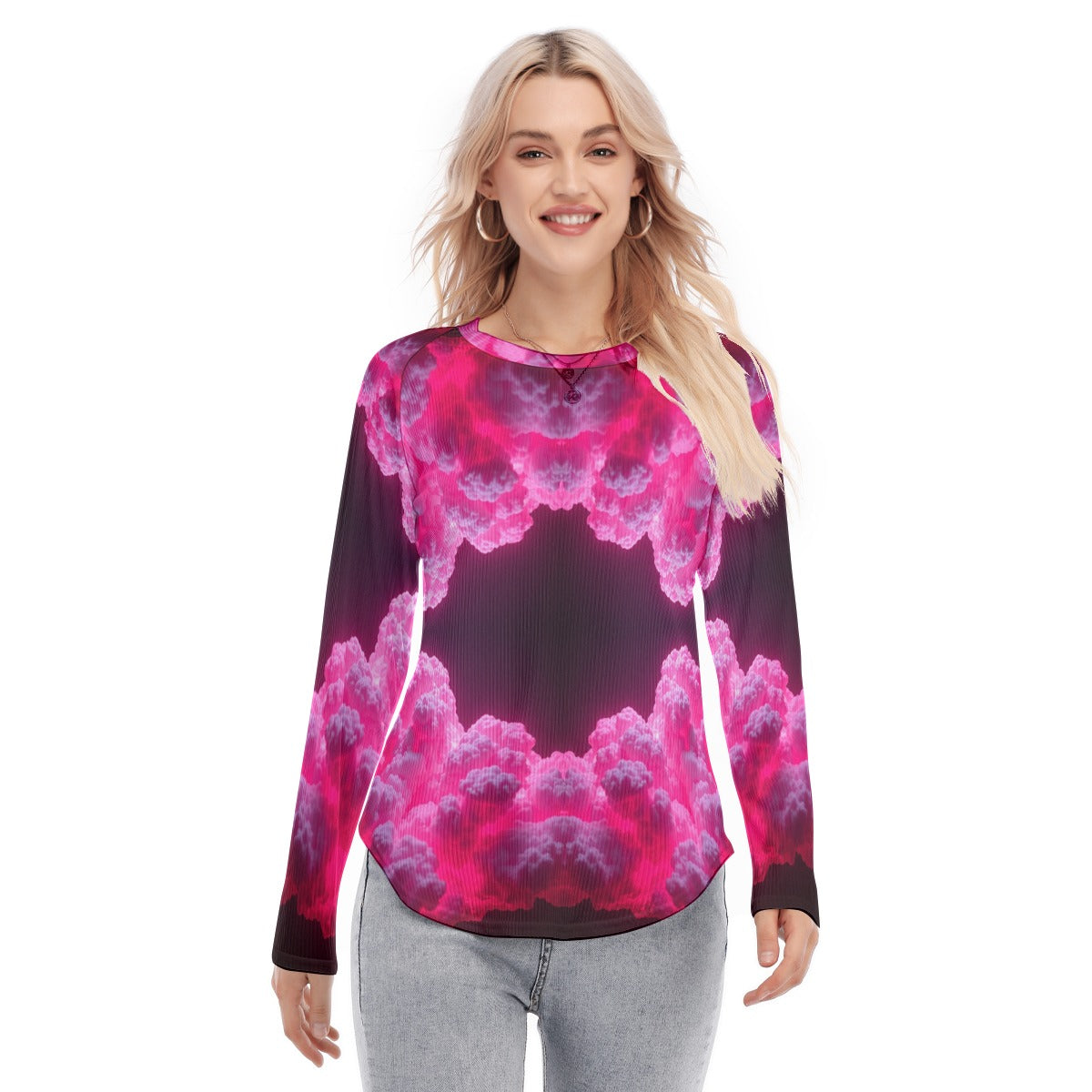 Women's Raglan Sleeves U-Shaped Hem Long Sleeves Blouse