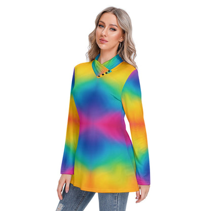 Women's Long-sleeved Heap-neck Slim Casual Tunic Blouse