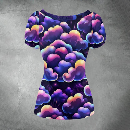 All-over print Women's Puff Sleeve Pleated Shirt