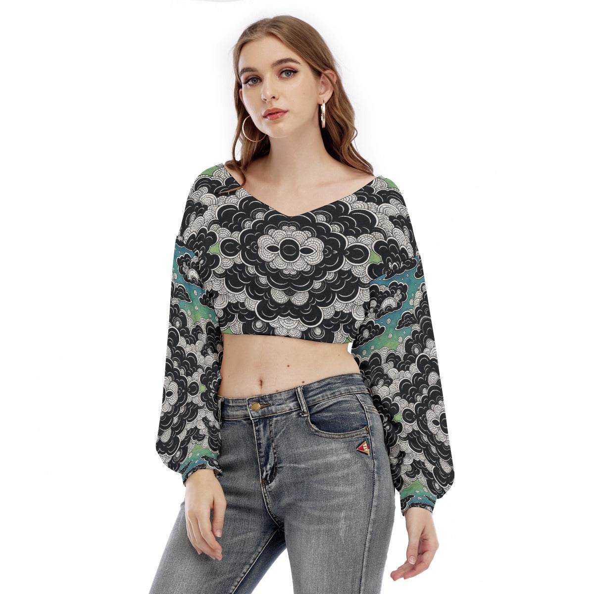 Women's V-neck Long Sleeve Cropped Sweatshirt