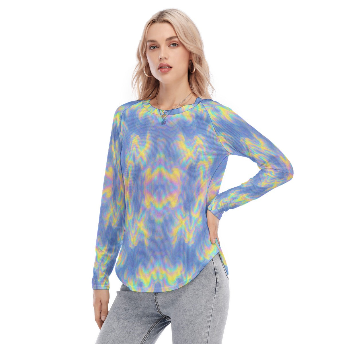 Women's Raglan Sleeves U-Shaped Hem Long Sleeves Blouse