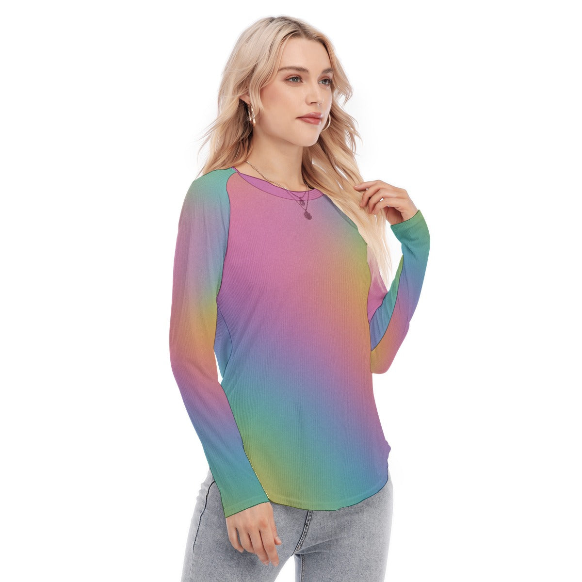 Women's Raglan Sleeves U-Shaped Hem Long Sleeves Blouse