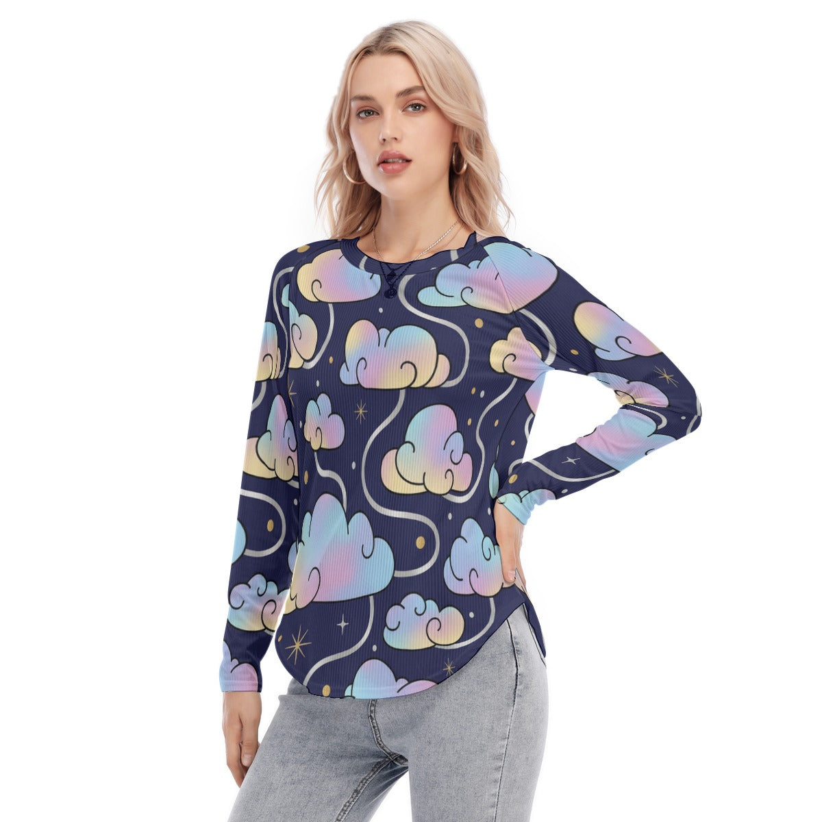 Women's Raglan Sleeves U-Shaped Hem Long Sleeves Blouse