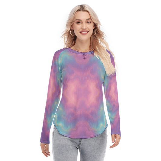 Women's Raglan Sleeves U-Shaped Hem Long Sleeves Blouse