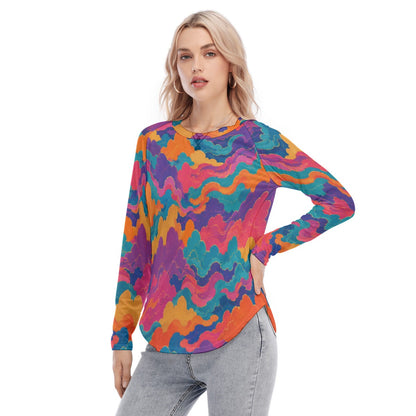 Women's Raglan Sleeves U-Shaped Hem Long Sleeves Blouse