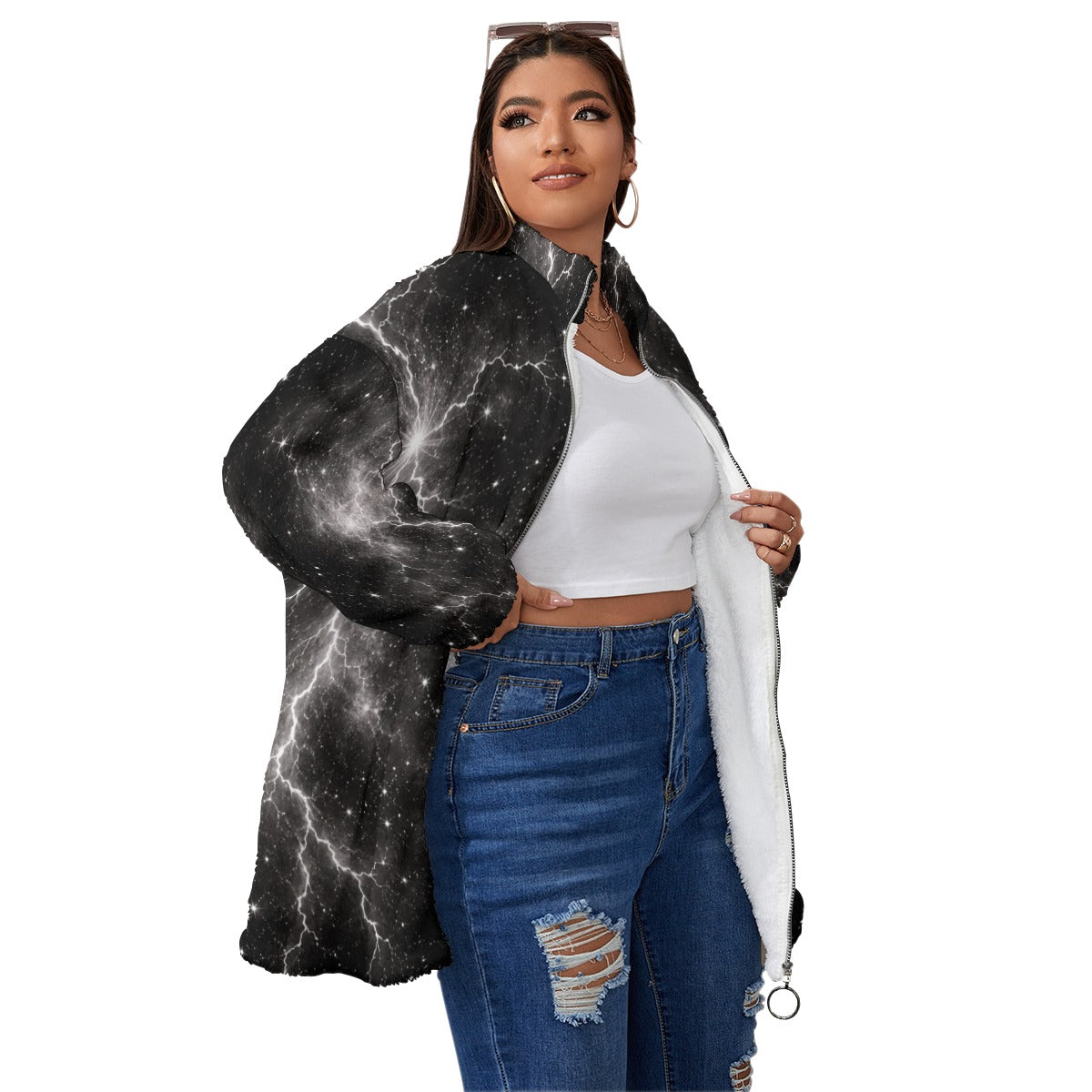 Unisex Borg-Fleece Stand-Up Collar Zip Coat — Plus Size - view 3