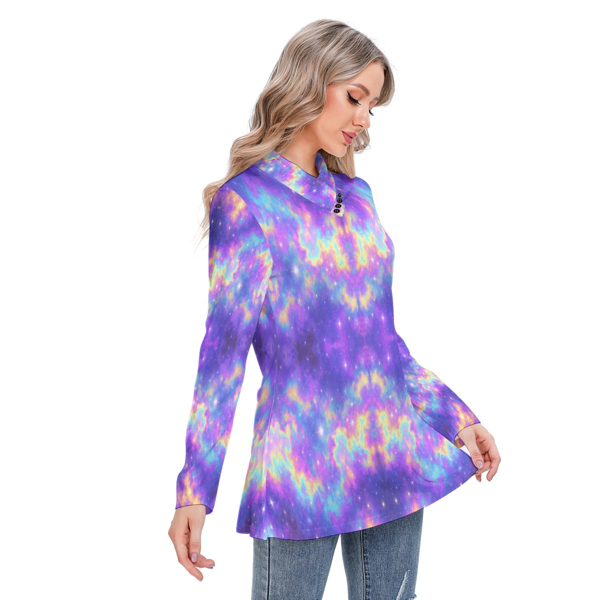 Women's Long-sleeved Heap-neck Slim Casual Tunic Blouse