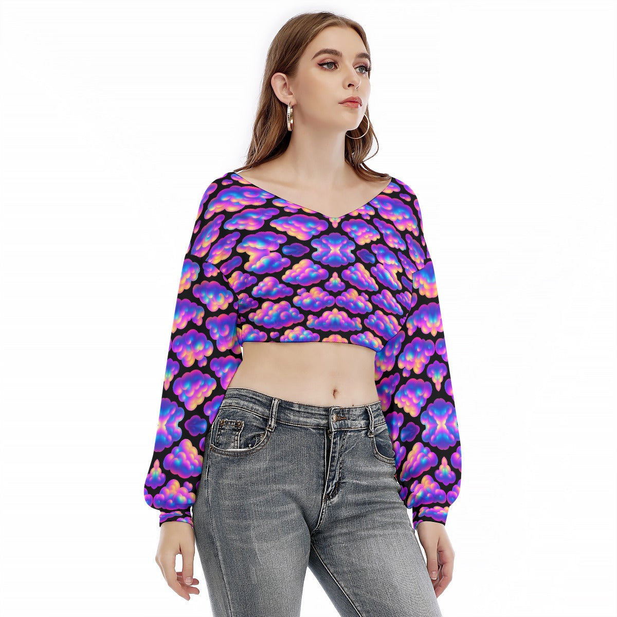 Women's V-neck Long Sleeve Cropped Sweatshirt