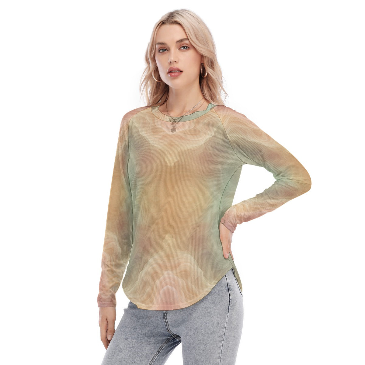 Women's Raglan Sleeves U-Shaped Hem Long Sleeves Blouse