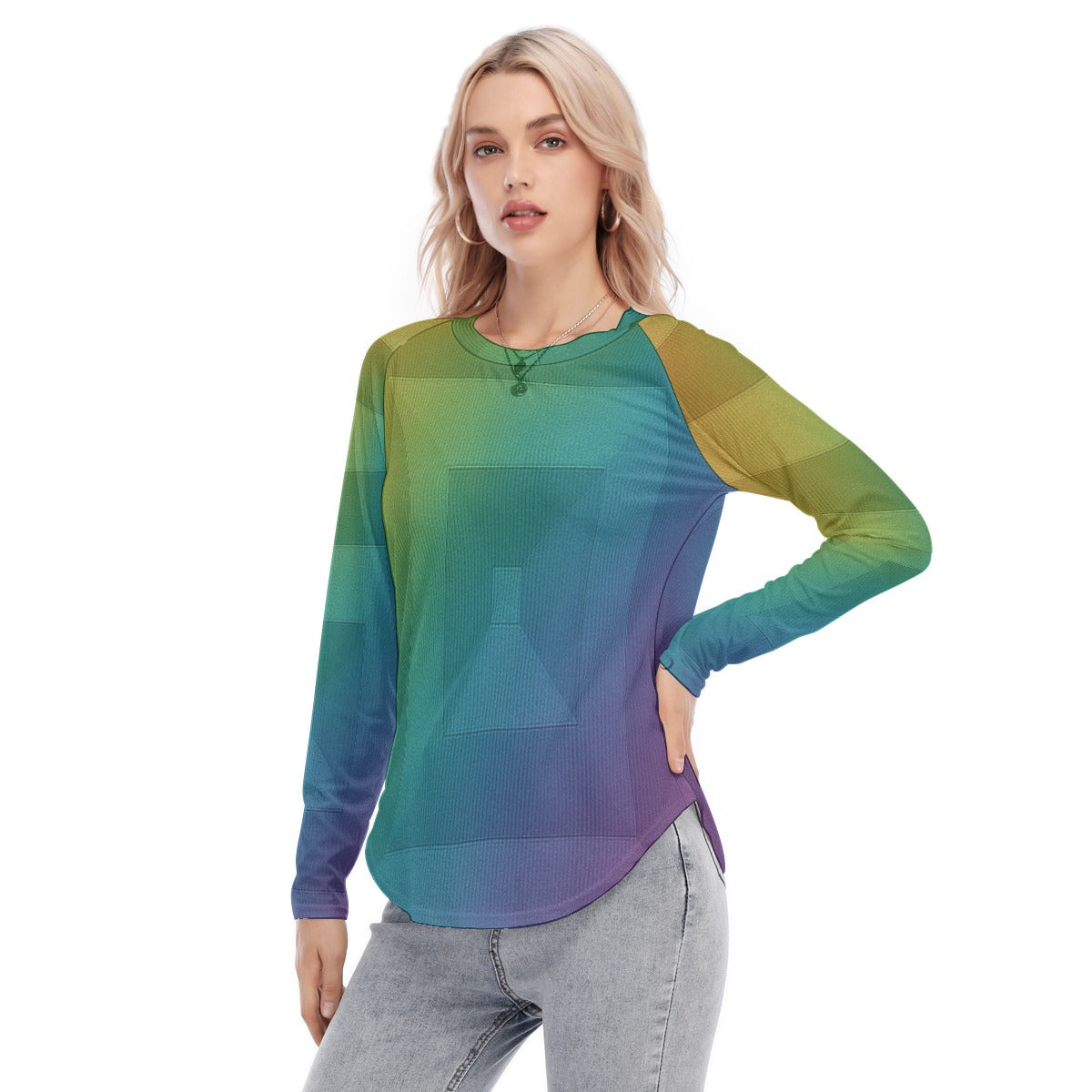 Women's Raglan Sleeves U-Shaped Hem Long Sleeves Blouse