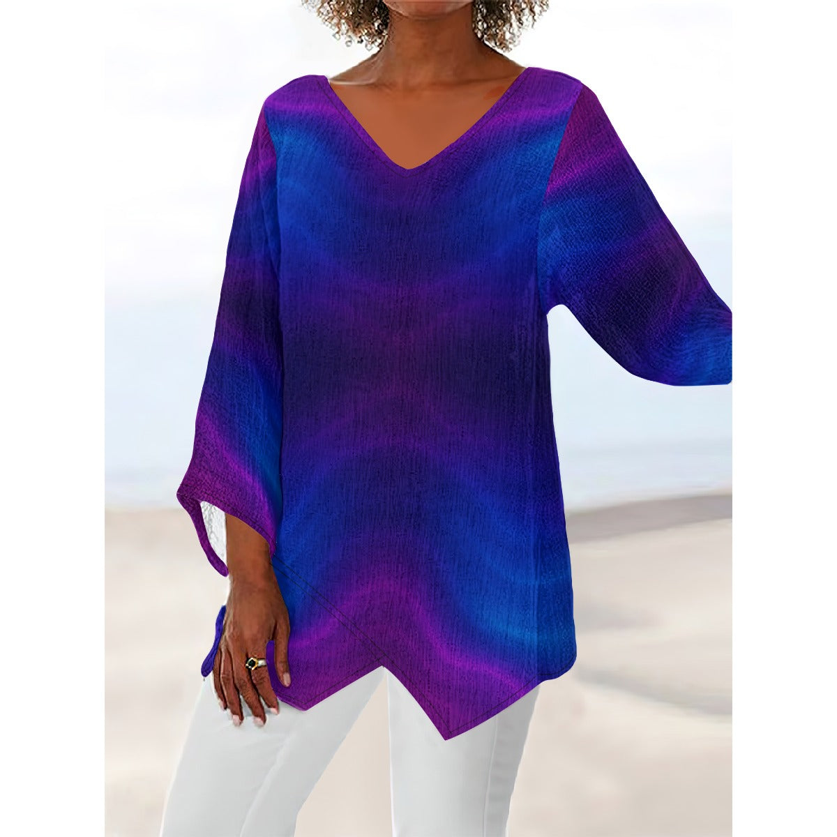 Women's V-neck T-shirt With Irregular Hem