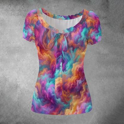 All-over print Women's Puff Sleeve Pleated Shirt