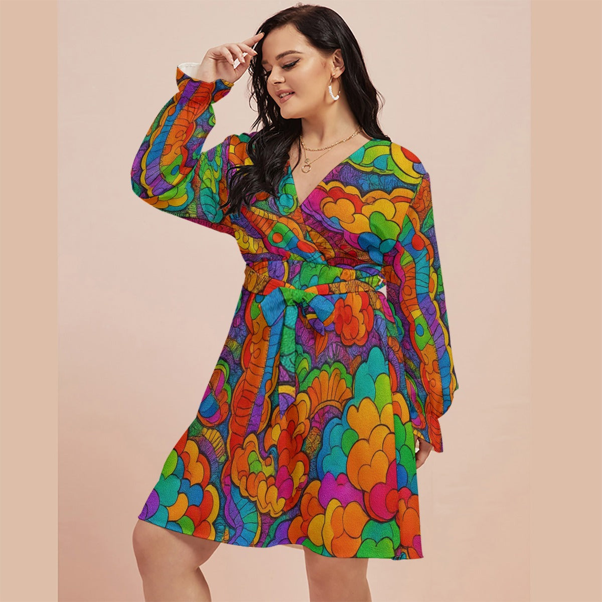 Women's V-neck Dress With Waistband(Plus Size)