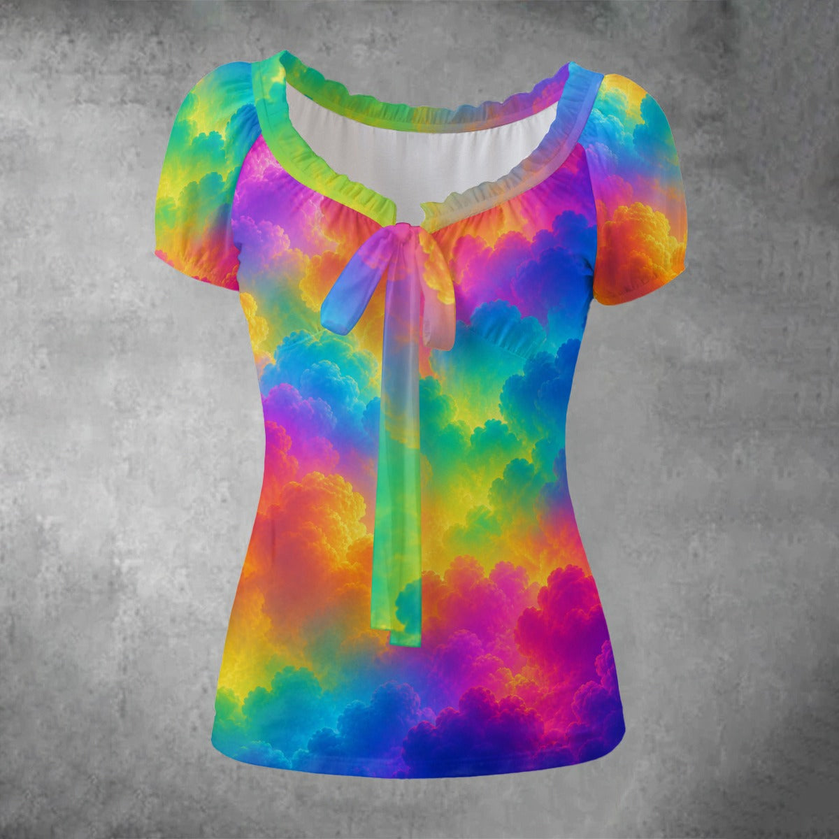 All-over print Women's Puff Sleeve Pleated Shirt