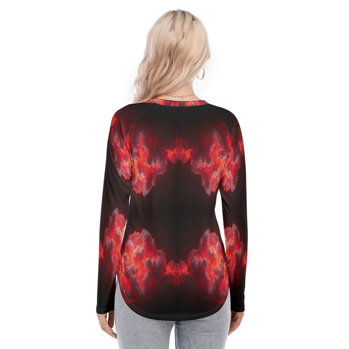 Women's Raglan Sleeves U-Shaped Hem Long Sleeves Blouse