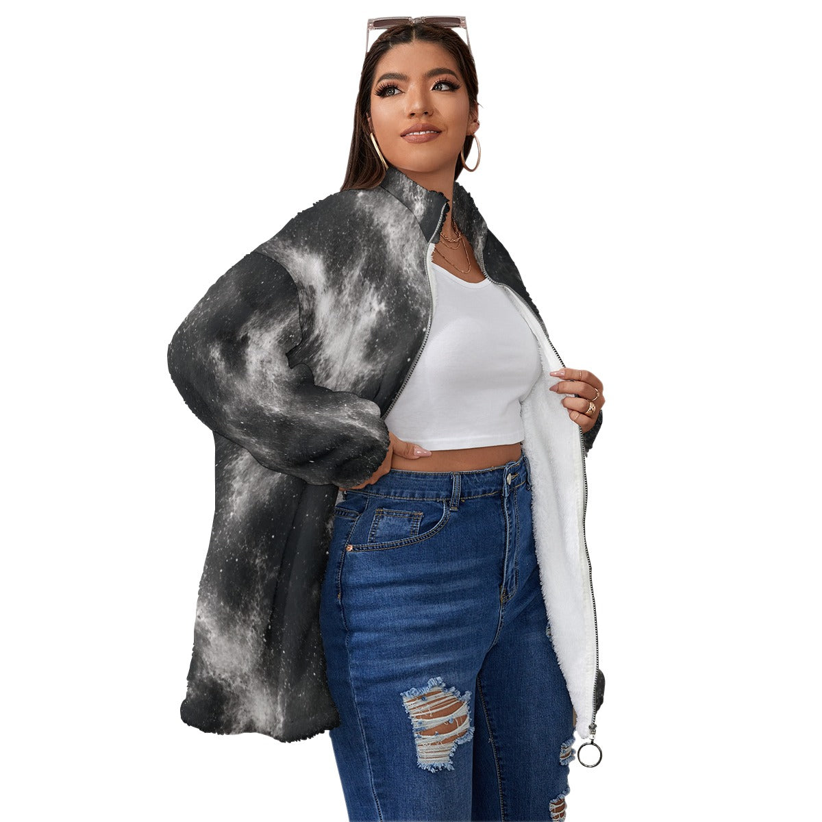 Unisex Borg Fleece Stand-up Collar Coat With Zipper Closure(Plus Size) by O’Nimbus – view 3