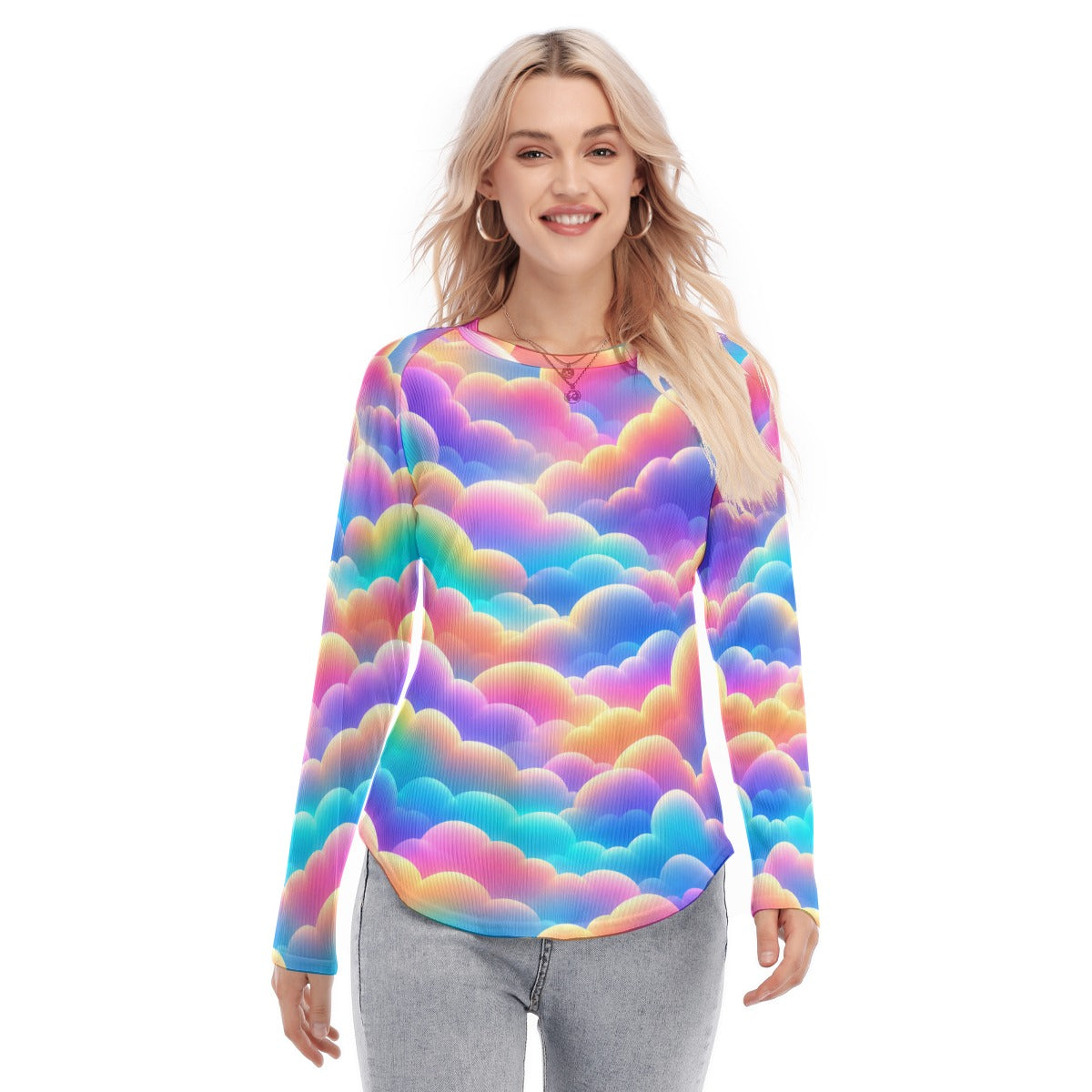 Women's Raglan Sleeves U-Shaped Hem Long Sleeves Blouse