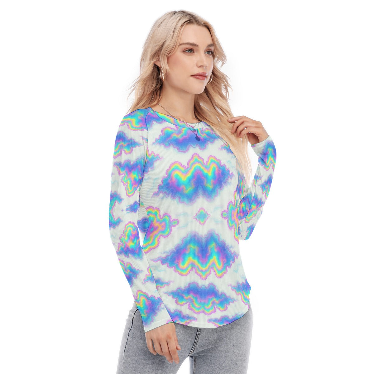 Women's Raglan Sleeves U-Shaped Hem Long Sleeves Blouse