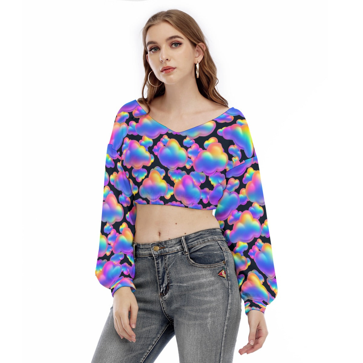 Women's V-neck Long Sleeve Cropped Sweatshirt