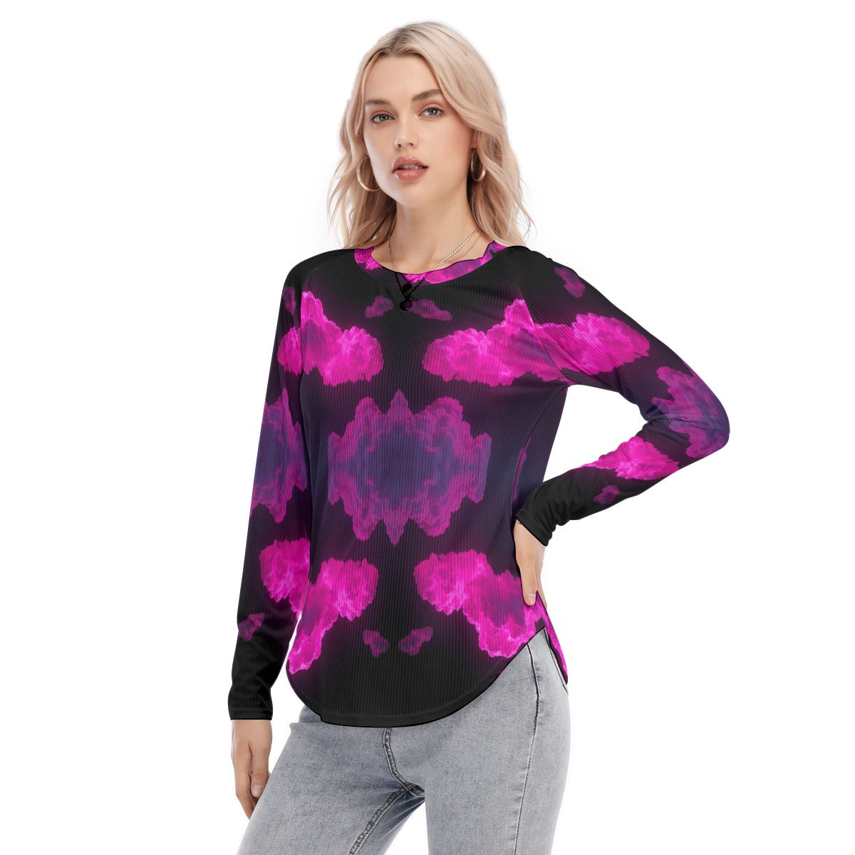Women's Raglan Sleeves U-Shaped Hem Long Sleeves Blouse