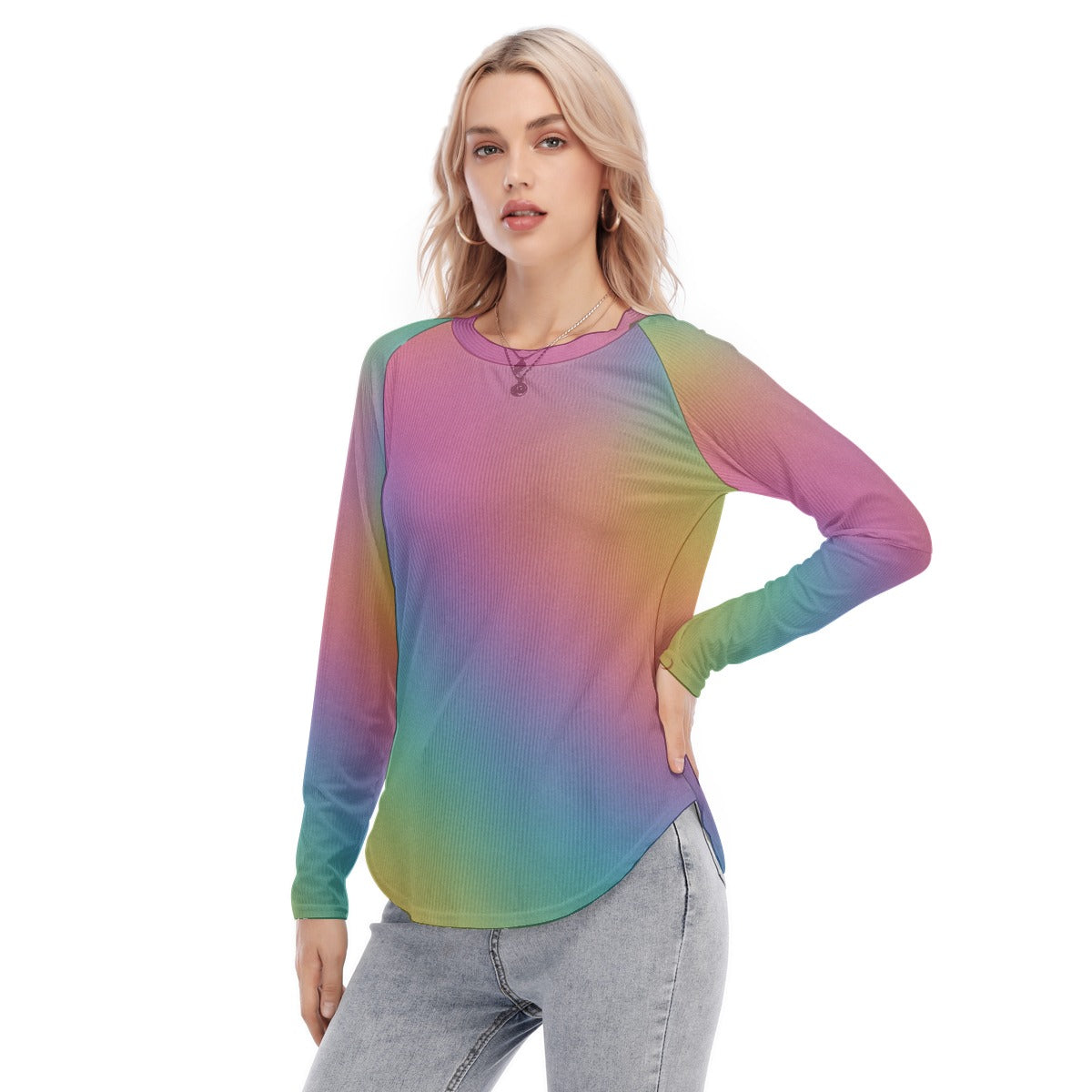 Women's Raglan Sleeves U-Shaped Hem Long Sleeves Blouse