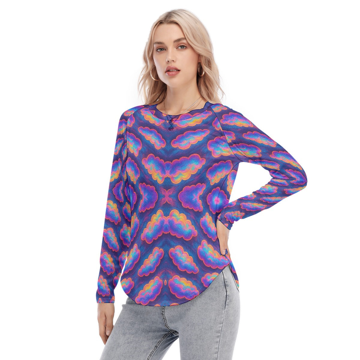 Women's Raglan Sleeves U-Shaped Hem Long Sleeves Blouse