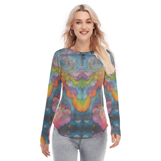 Women's Raglan Sleeves U-Shaped Hem Long Sleeves Blouse