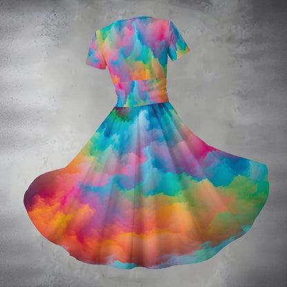 All-over Print Women's Short Sleeve V Neck Midi Dress