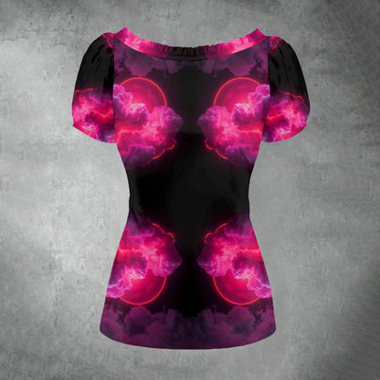 All-over print Women's Puff Sleeve Pleated Shirt