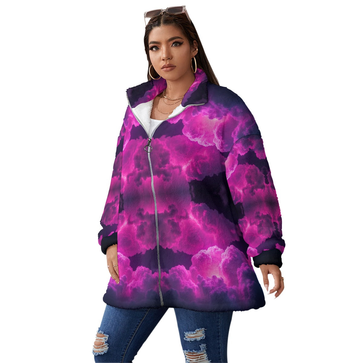 Unisex Borg Fleece Stand-up Collar Coat With Zipper Closure(Plus Size)