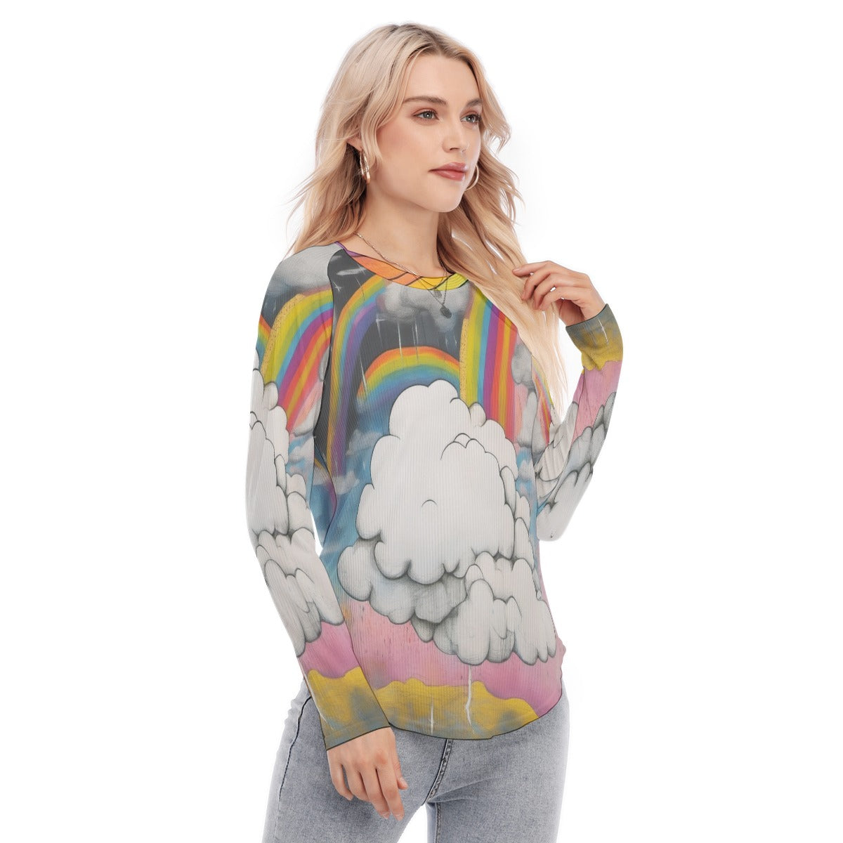 Women's Raglan Sleeves U-Shaped Hem Long Sleeves Blouse