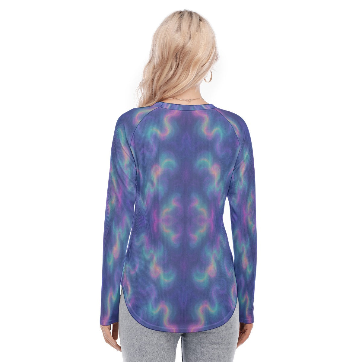 Women's Raglan Sleeves U-Shaped Hem Long Sleeves Blouse