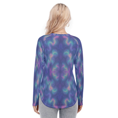 Women's Raglan Sleeves U-Shaped Hem Long Sleeves Blouse