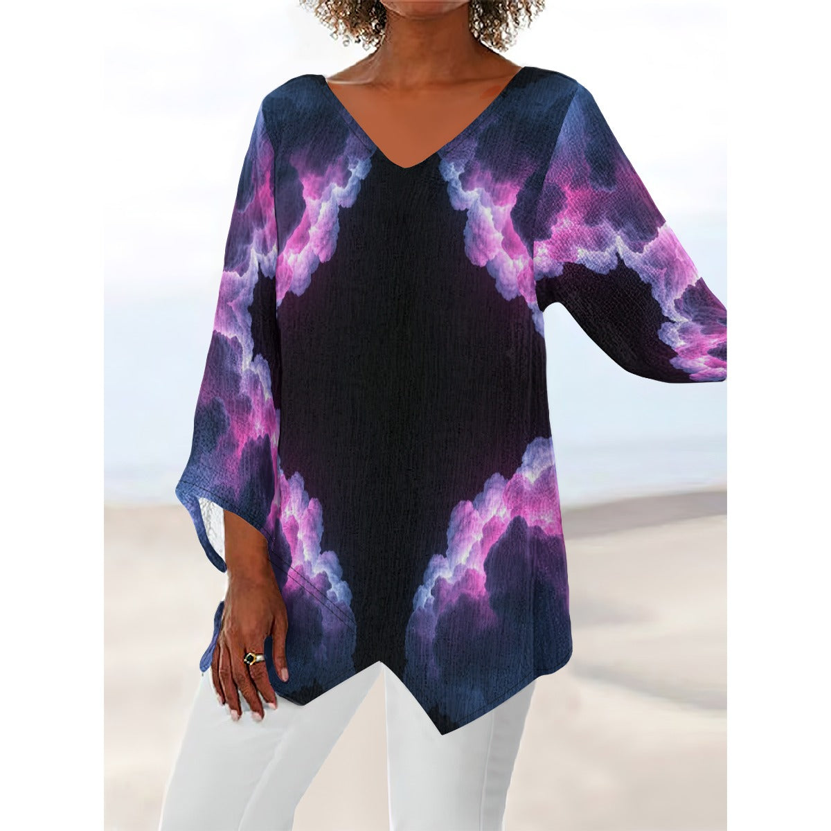 Women's V-neck T-shirt With Irregular Hem