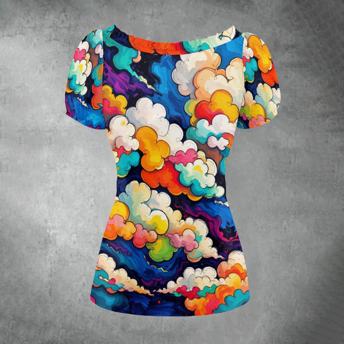 All-over print Women's Puff Sleeve Pleated Shirt