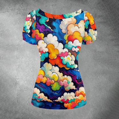 All-over print Women's Puff Sleeve Pleated Shirt