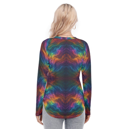 Women's Raglan Sleeves U-Shaped Hem Long Sleeves Blouse