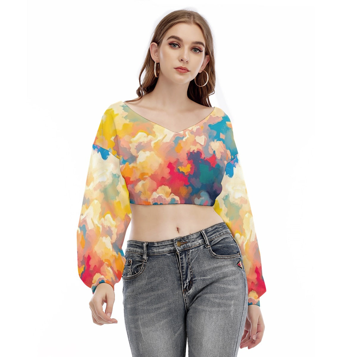 Women's V-neck Long Sleeve Cropped Sweatshirt