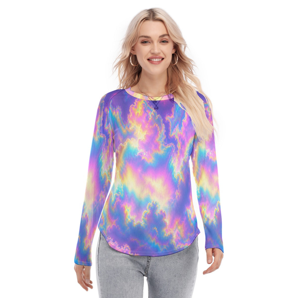 Women's Raglan Sleeves U-Shaped Hem Long Sleeves Blouse