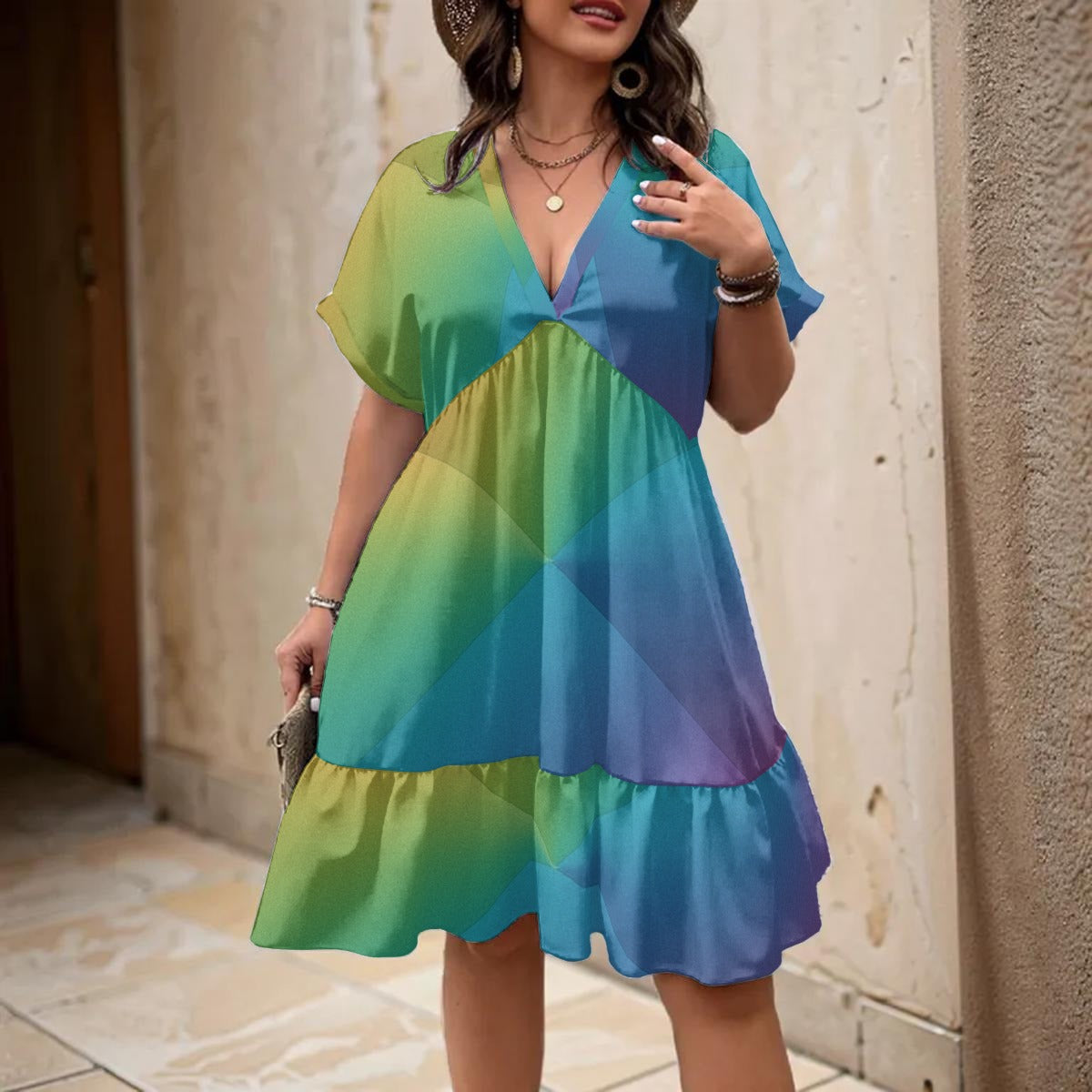 Unisex Women’s Floral V-Neck Short Sleeve Dress