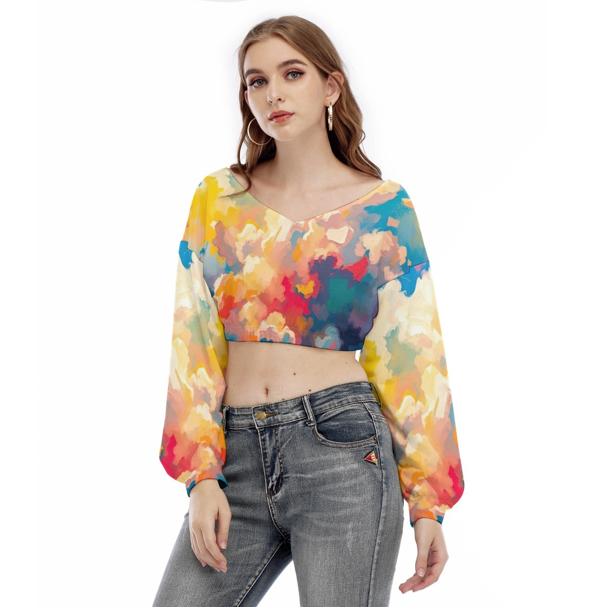 Women's V-neck Long Sleeve Cropped Sweatshirt