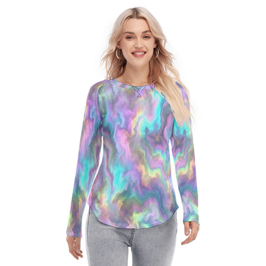 Women's Raglan Sleeves U-Shaped Hem Long Sleeves Blouse