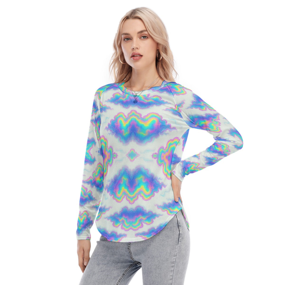 Women's Raglan Sleeves U-Shaped Hem Long Sleeves Blouse