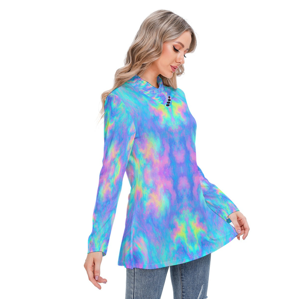 Women's Long-sleeved Heap-neck Slim Casual Tunic Blouse