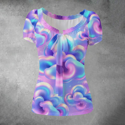 All-over print Women's Puff Sleeve Pleated Shirt