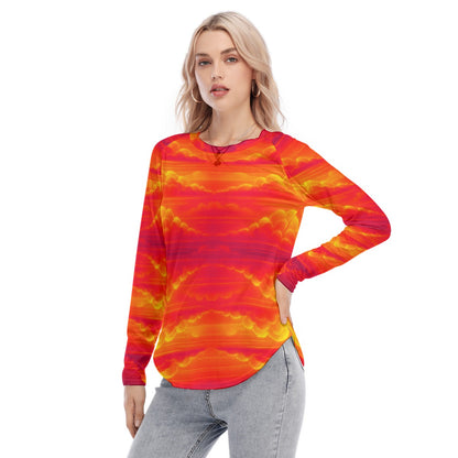 Women's Raglan Sleeves U-Shaped Hem Long Sleeves Blouse